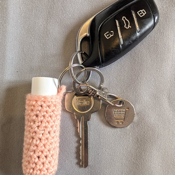 Crochet lip balm holder keychain, bag charm, handmade, keyring accessory - peach