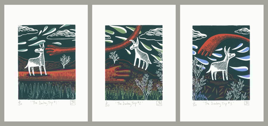 The Donkey Trip three-colour linocut screen-print triptych (3 A5 prints)