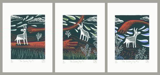 The Donkey Trip three-colour linocut screen-print triptych (3 A5 prints)