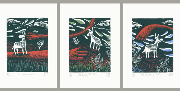 The Donkey Trip three-colour linocut screen-print triptych (3 A5 prints)