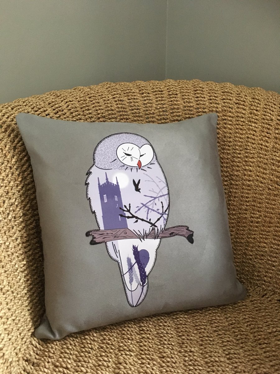 Handprinted & appliquéd cushion Night Owl