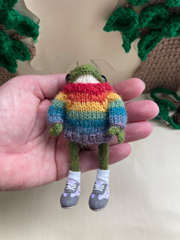  Hand Knitted Frog Ornament in Rainbow Pride Jumper Knitted Froglets