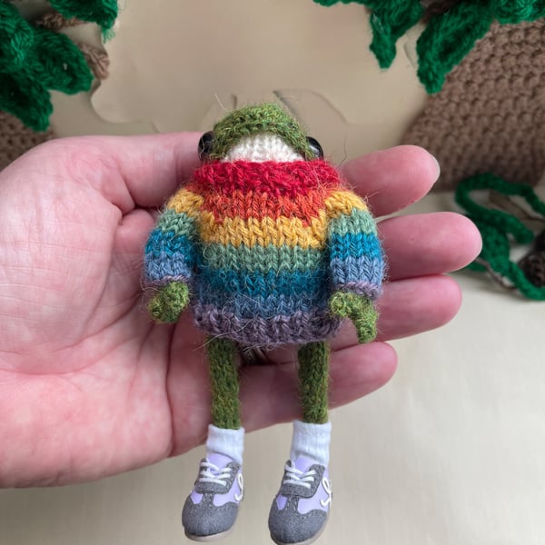  Hand Knitted Frog Ornament in Rainbow Pride Jumper Knitted Froglets