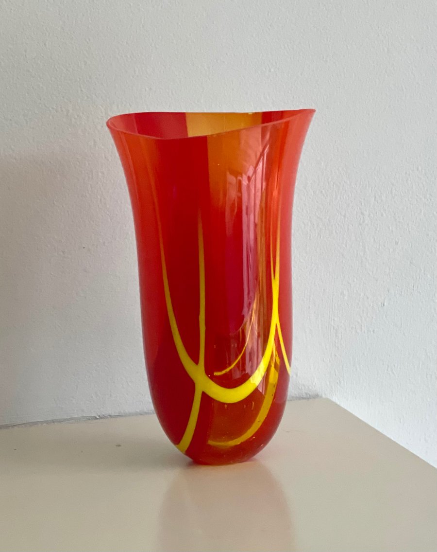 Fused glass tartan red drop vase