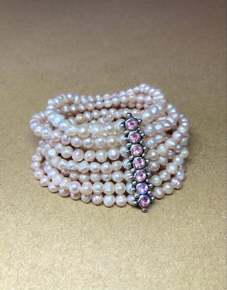 Pale Pink Irregular Shape Freshwater 5mm Pearls 7 Strands Stretchy Bracelet