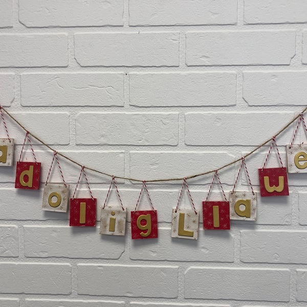 Nadolig Llawen square wooden bunting hanging sign