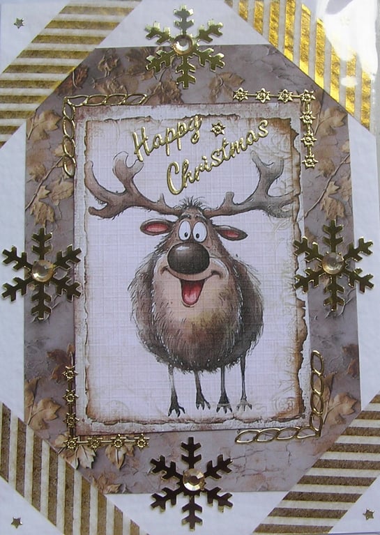 Hand Crafted Decoupage Chistmas Card - Happy Christmas (2955) Comical Reindeer