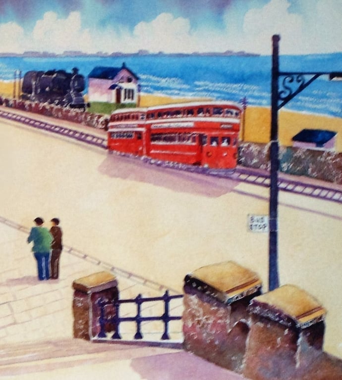 Mumbles Train, Swansea Bay, South Wales - Watercolour Print in 14 x 11 '' Mount