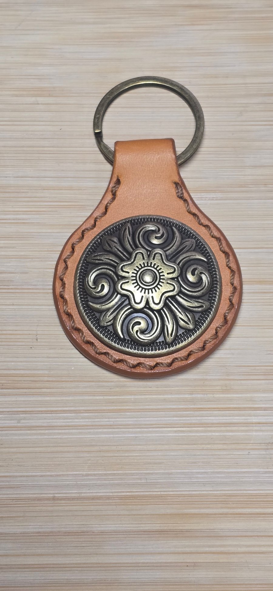 Leather Keyring with Floral Concho