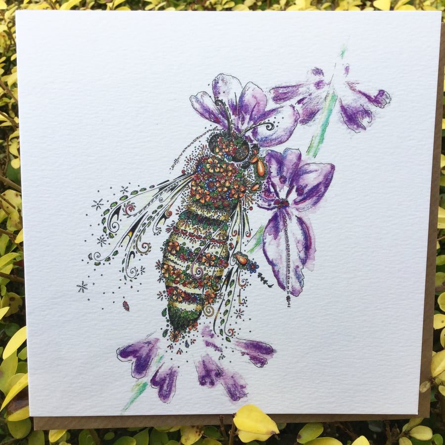Beautifully floralHoney Bee & Lavender Greeting Card 