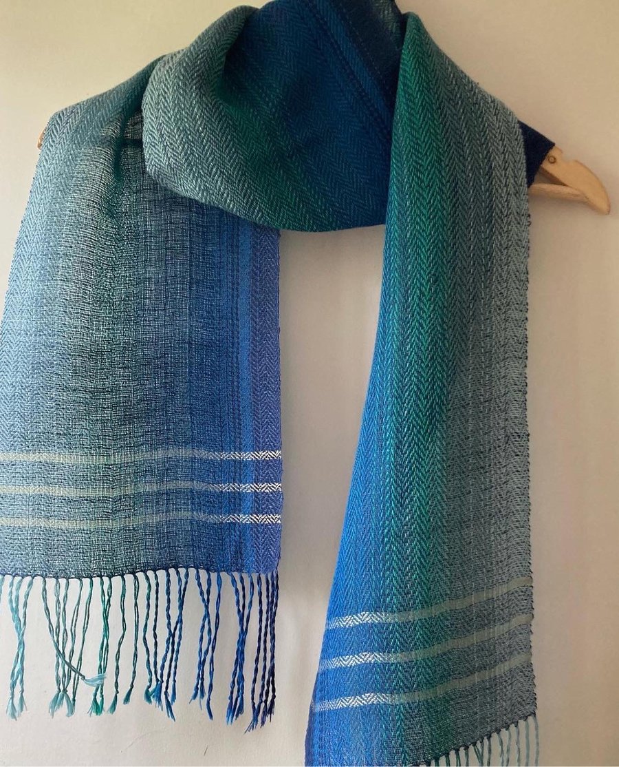 Into The Blue Cotton, Linen and Silk Handwoven Scarf