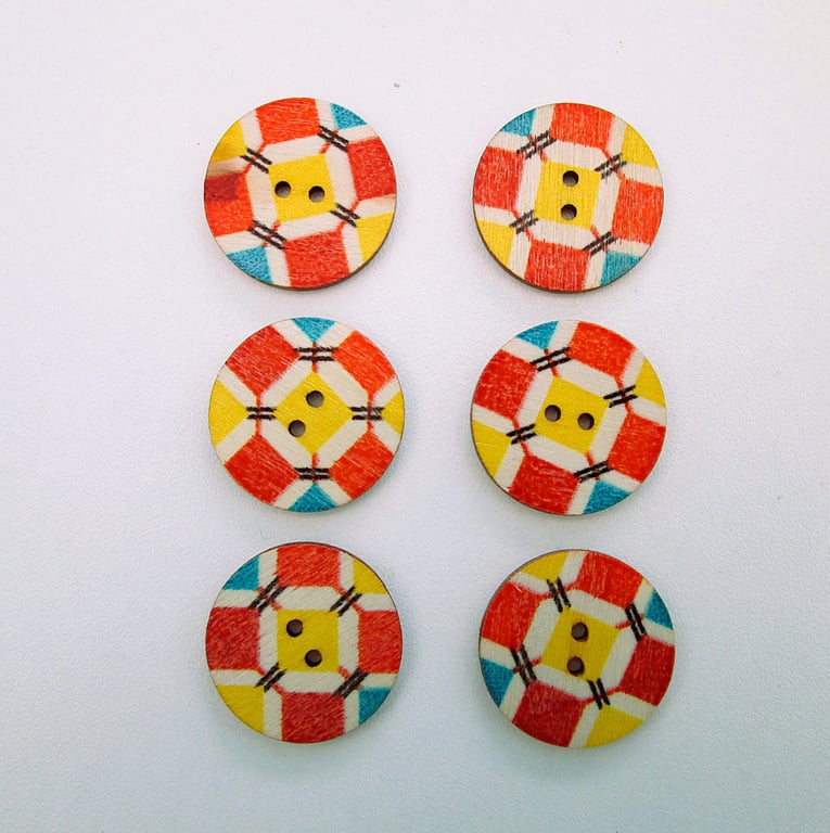 Red and yellow abstract wood buttons, set of 6, 2.5cm diameter