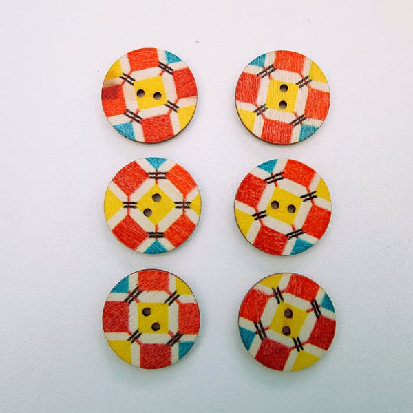 Red and yellow abstract wood buttons, set of 6, 2.5cm diameter