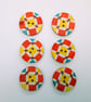 Red and yellow abstract wood buttons, set of 6, 2.5cm diameter