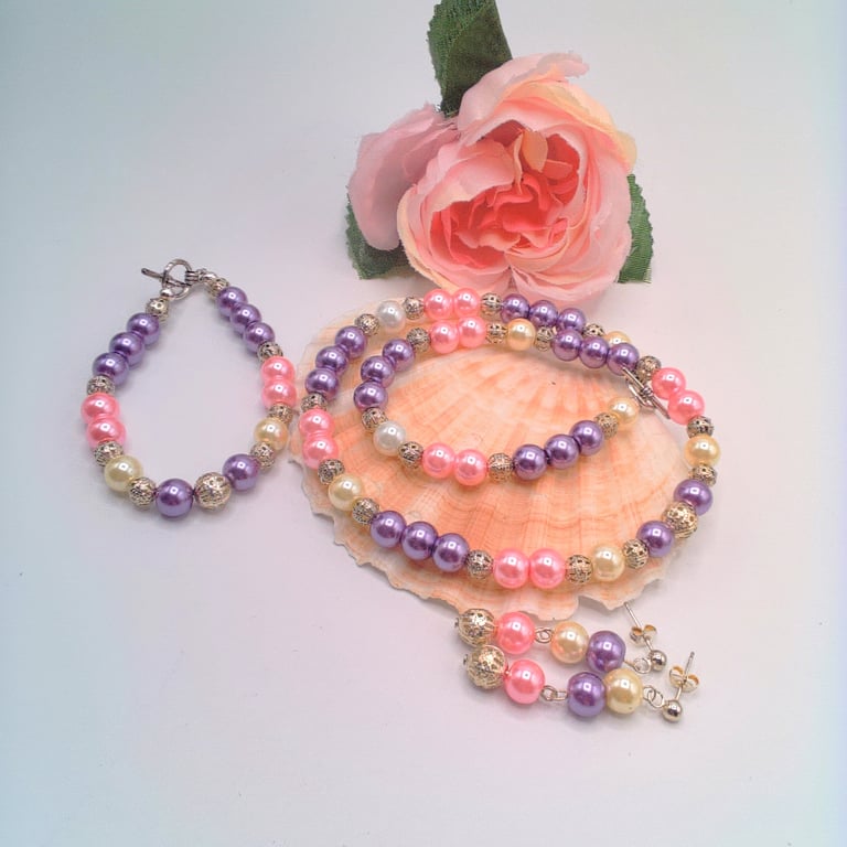 Pink Lilac and Cream Pearl Necklace Bracelet and Earrings, Pearl Jewellery