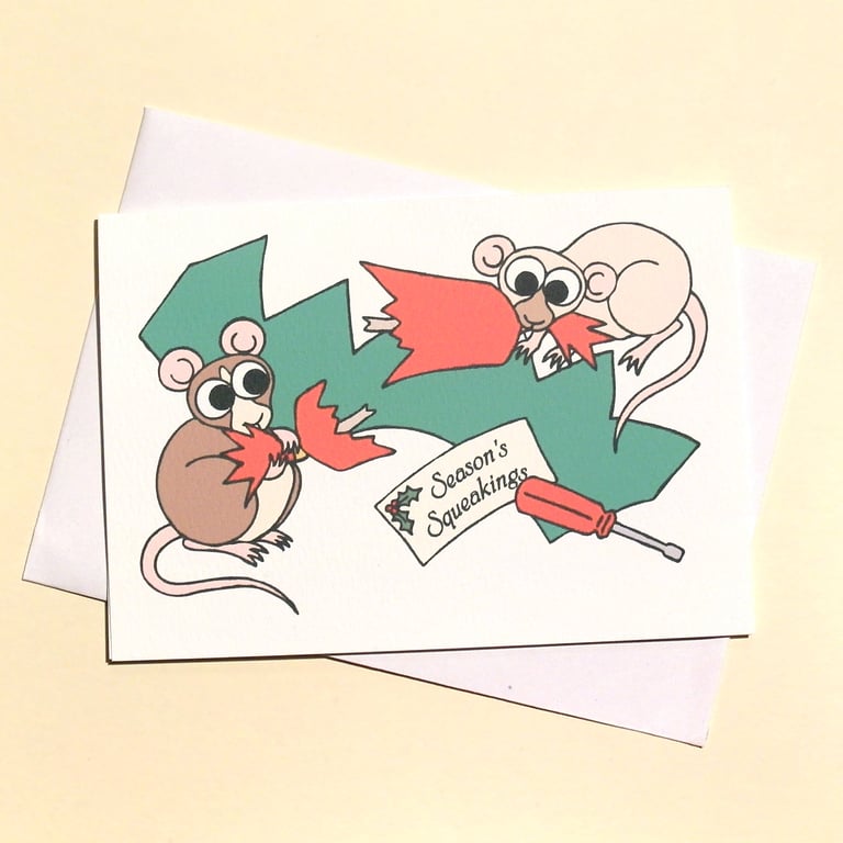 Rat Christmas Card with Cute Rats Pulling Christmas Cracker - A-SSQ