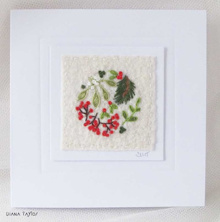 HAND EMBRODERED CHRISTMAS CARD WINTER FOLIAGE