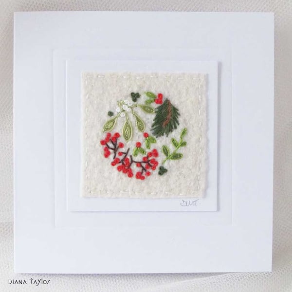 HAND EMBRODERED CHRISTMAS CARD WINTER FOLIAGE
