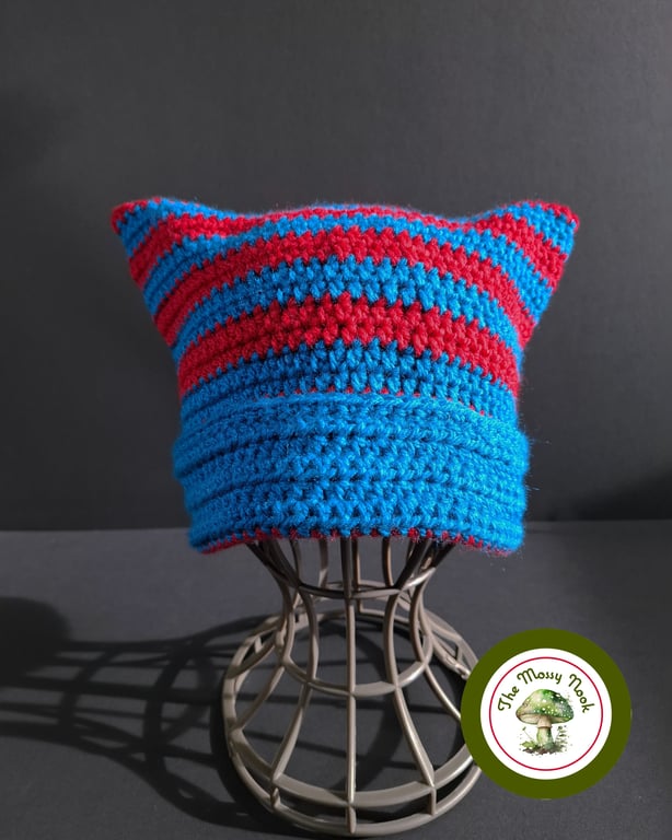 Cat Ear Hat. Striped. Vibrant Blue and Red Stripes. Teen to Adult size.