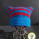 Cat Ear Hat. Striped. Vibrant Blue and Red Stripes. Teen to Adult size.