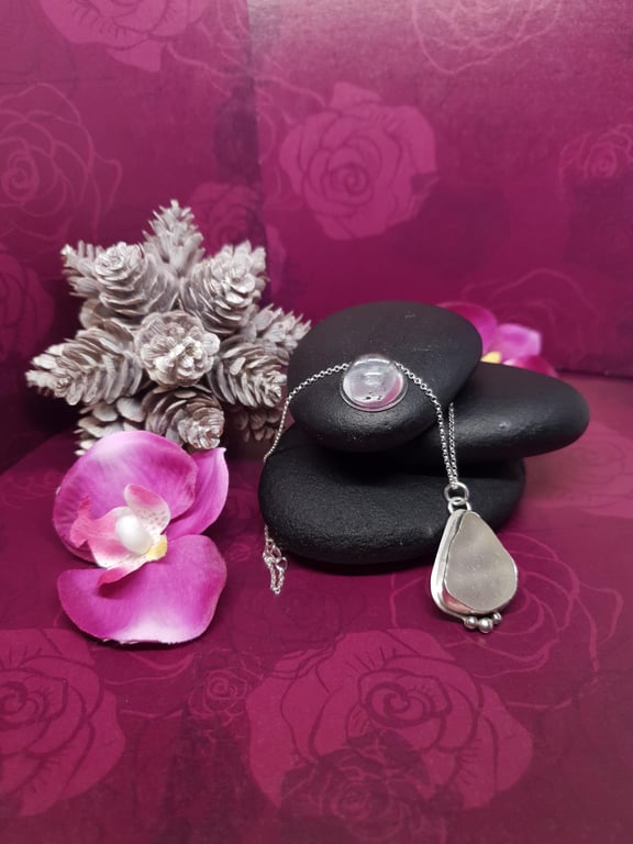 Sterling Silver 925 White Seaham Seaglass Dropp Pendant Sterling Silver Chain