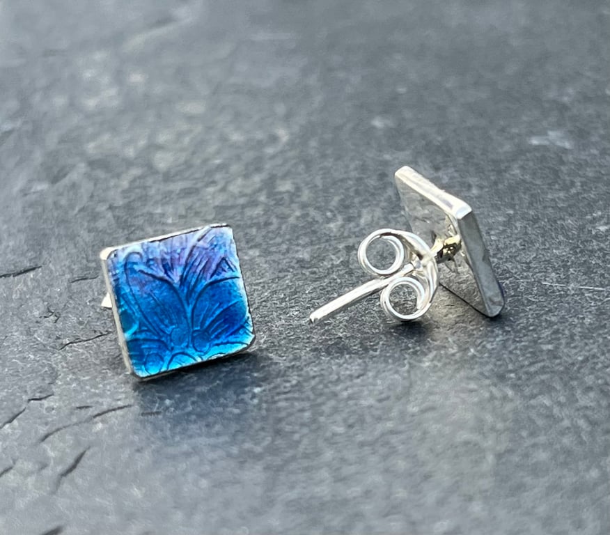 Enamel studs, blue enamel studs, square studs, enamel, silver studs,