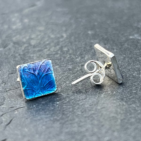 Enamel studs, blue enamel studs, square studs, enamel, silver studs,