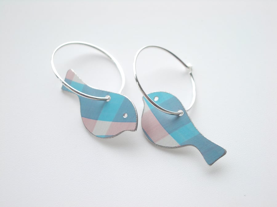 Bird earrings in pink and blue checks