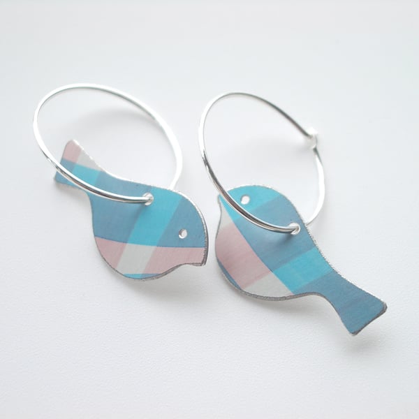 Bird earrings in pink and blue checks