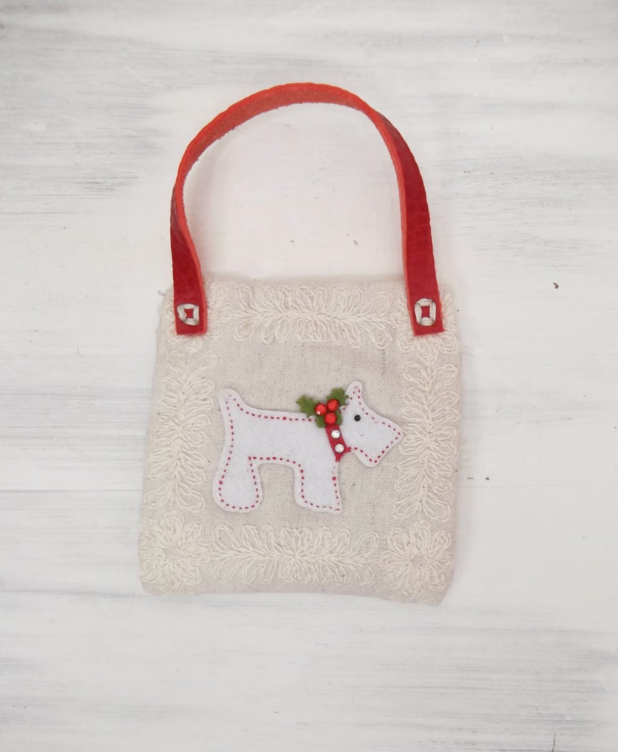 White Dog Christmas Tree Hanging Ornament Red Leather Strap