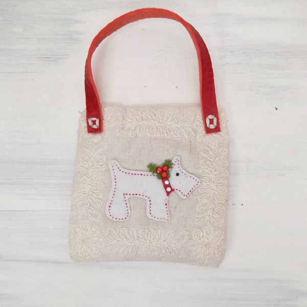 White Dog Christmas Tree Hanging Ornament Red Leather Strap