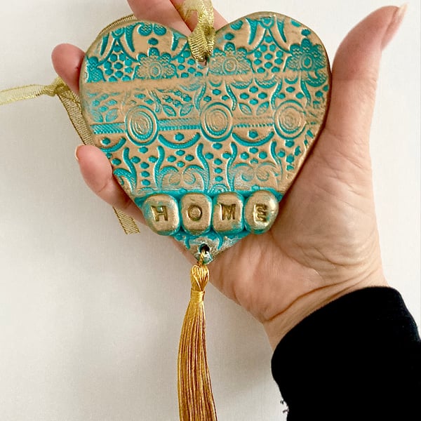 Boho Textured Heart Hanging Decoration HOME Handcrafted Clay Heart With Tassel 