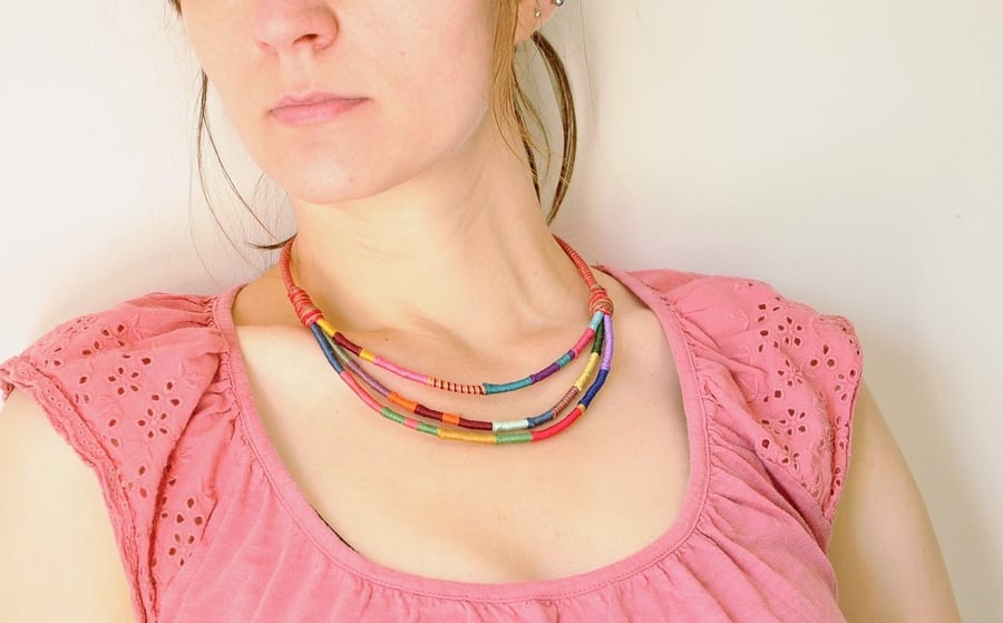 African thread wrap necklace, Layered necklace, Multicolor necklace
