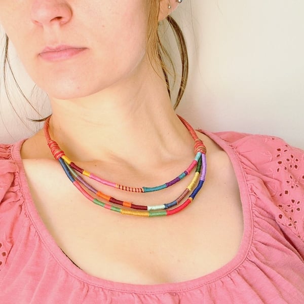 African thread wrap necklace, Layered necklace, Multicolor necklace