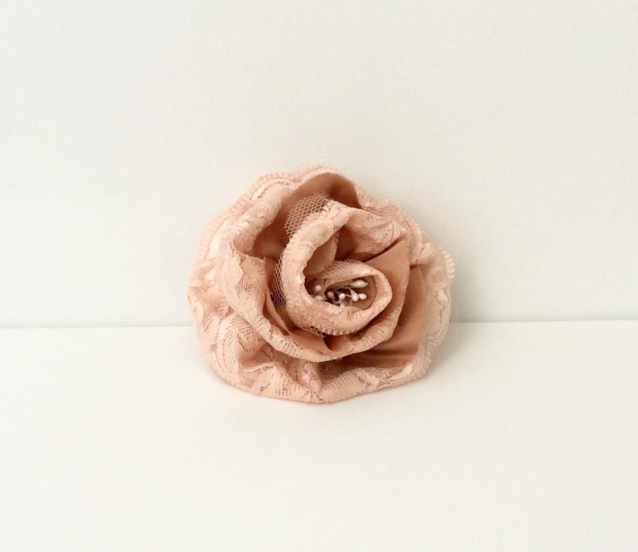 Rose, Hair accessory, corsage, peach lace, rose gold satin, peach net 