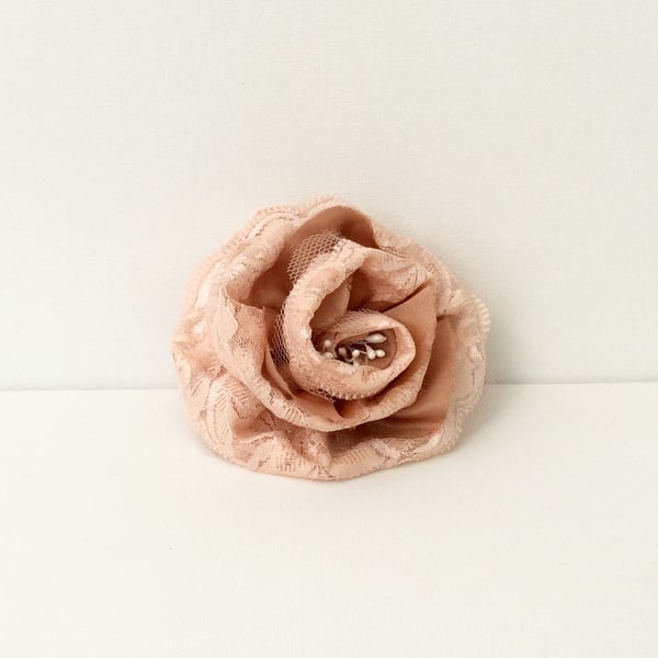 Rose, Hair accessory, corsage, peach lace, rose gold satin, peach net 