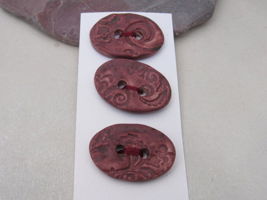 3 Medium Oval Damson Purple Brocade Pattern Ceramic Buttons