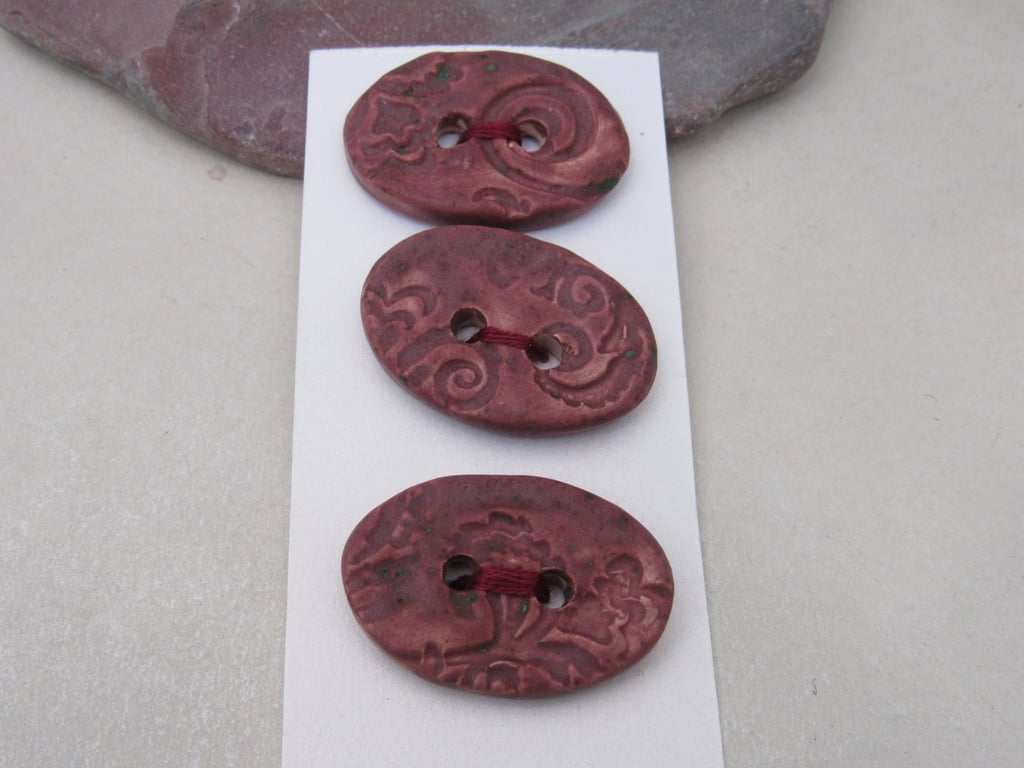 3 Medium Oval Damson Purple Brocade Pattern Ceramic Buttons