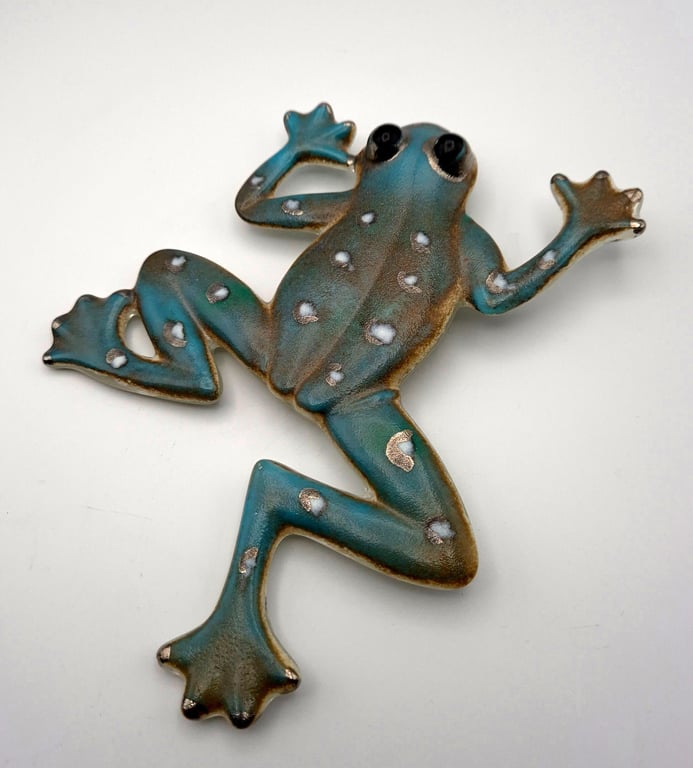 Turquoise Blue Frog with White and Platinum Detail and Wall-mount
