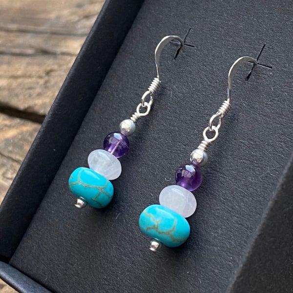 Turquoise, Rose Quartz & Amethyst bead earrings. Sterling Silver. 