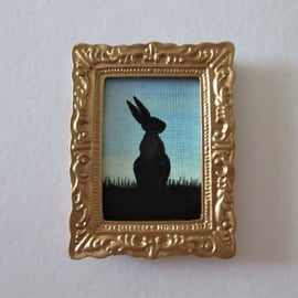 Doll House Miniature Original Painting Framed with Bunny Silhouette Rabbit 