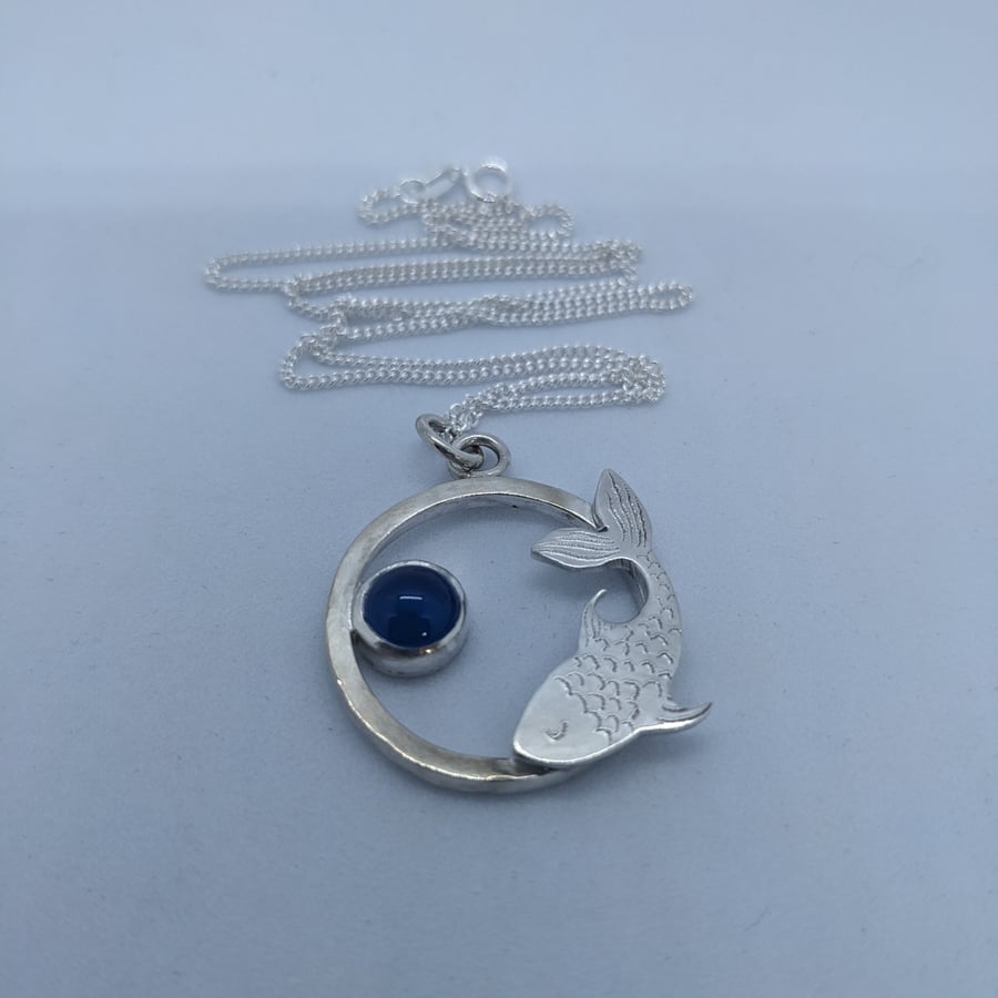 Fish pendant, Sterling silver fish necklace, Blue agate 