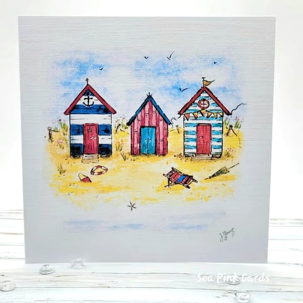 Beach Huts Card - blank card, birthday, beach, coastal card