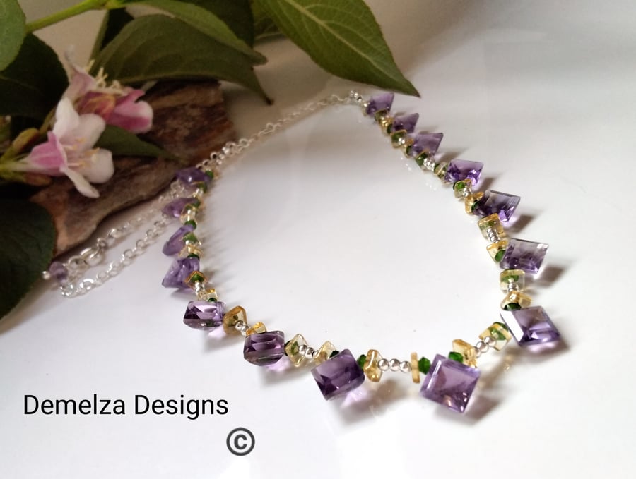 Zambian Amethyst, Chrome  Diopside & Citrine Sterling Silver Necklace