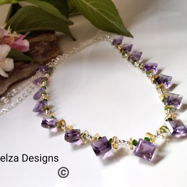 AA GRADE 27ct Zambian Amethyst, Chrome  Diopside & Citrine 925 silver Necklace
