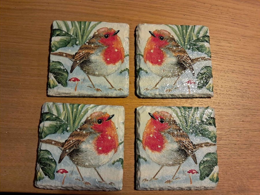 Image of Robin Hand Painted Slate Coasters