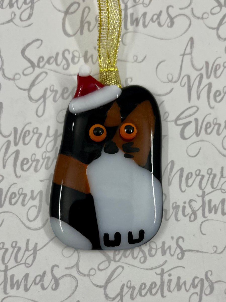 Large Handmade Fused Glass Cat Hanging Christmas Decoration 