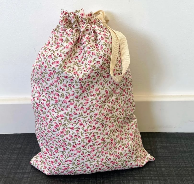 Pink, Cream Cotton Fabric Drawstring Gift Bag: Reusable Present Wrap. Large
