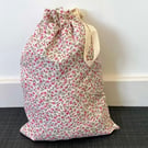 Pink, Cream Cotton Fabric Drawstring Gift Bag: Reusable Present Wrap. Large