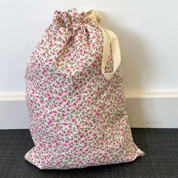 Pink, Cream Cotton Fabric Drawstring Gift Bag: Reusable Present Wrap. Large